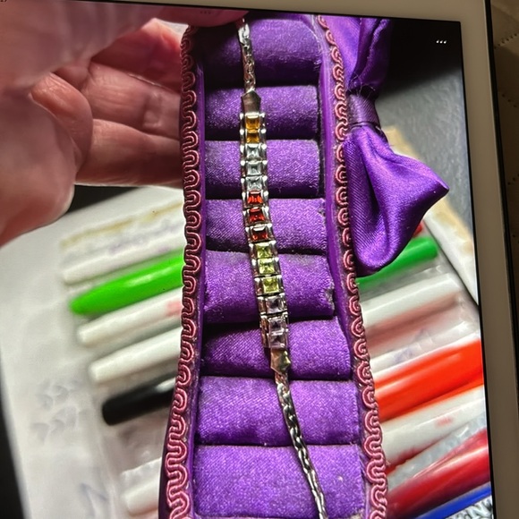 Ladies sterling silver 7” L(5) beautiful color gemstones square, tennis bracelet - Picture 4 of 7